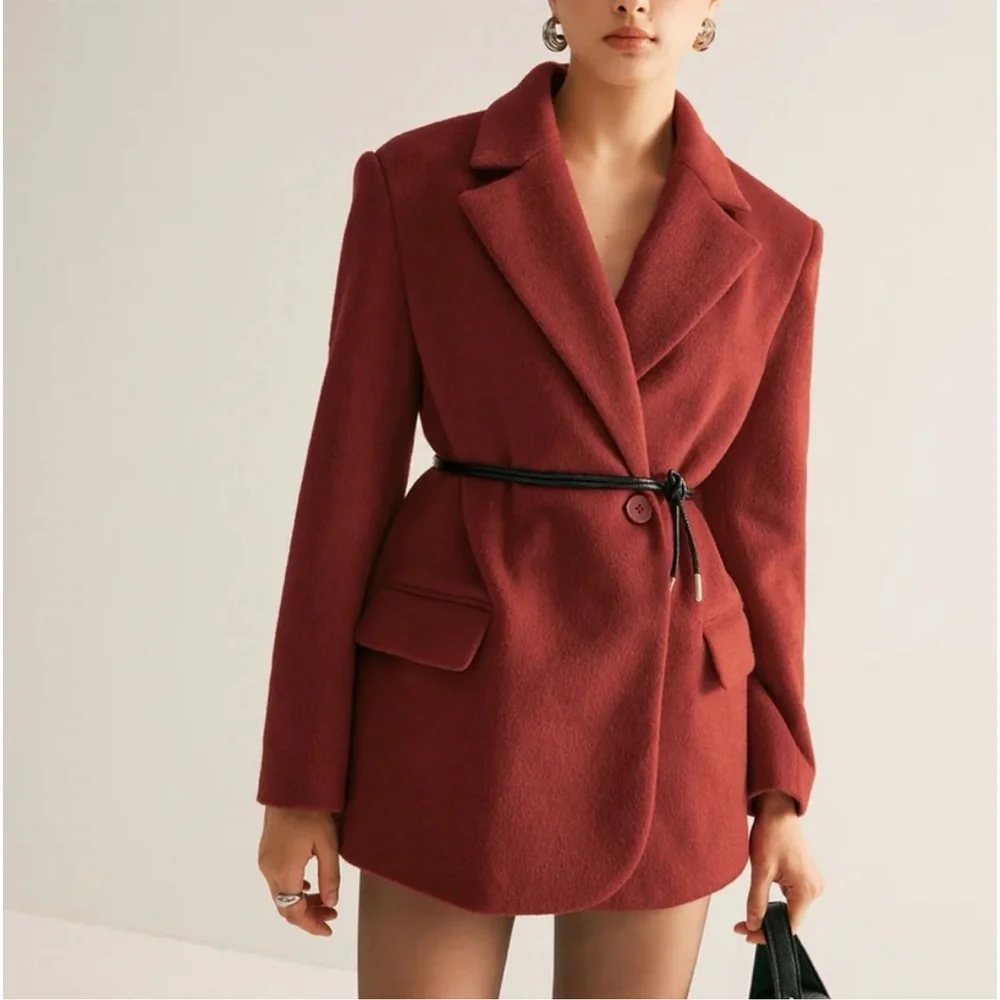 Wool blend premium quality red oversized drawstring tie belt blazer jacket - Picture 5 of 9